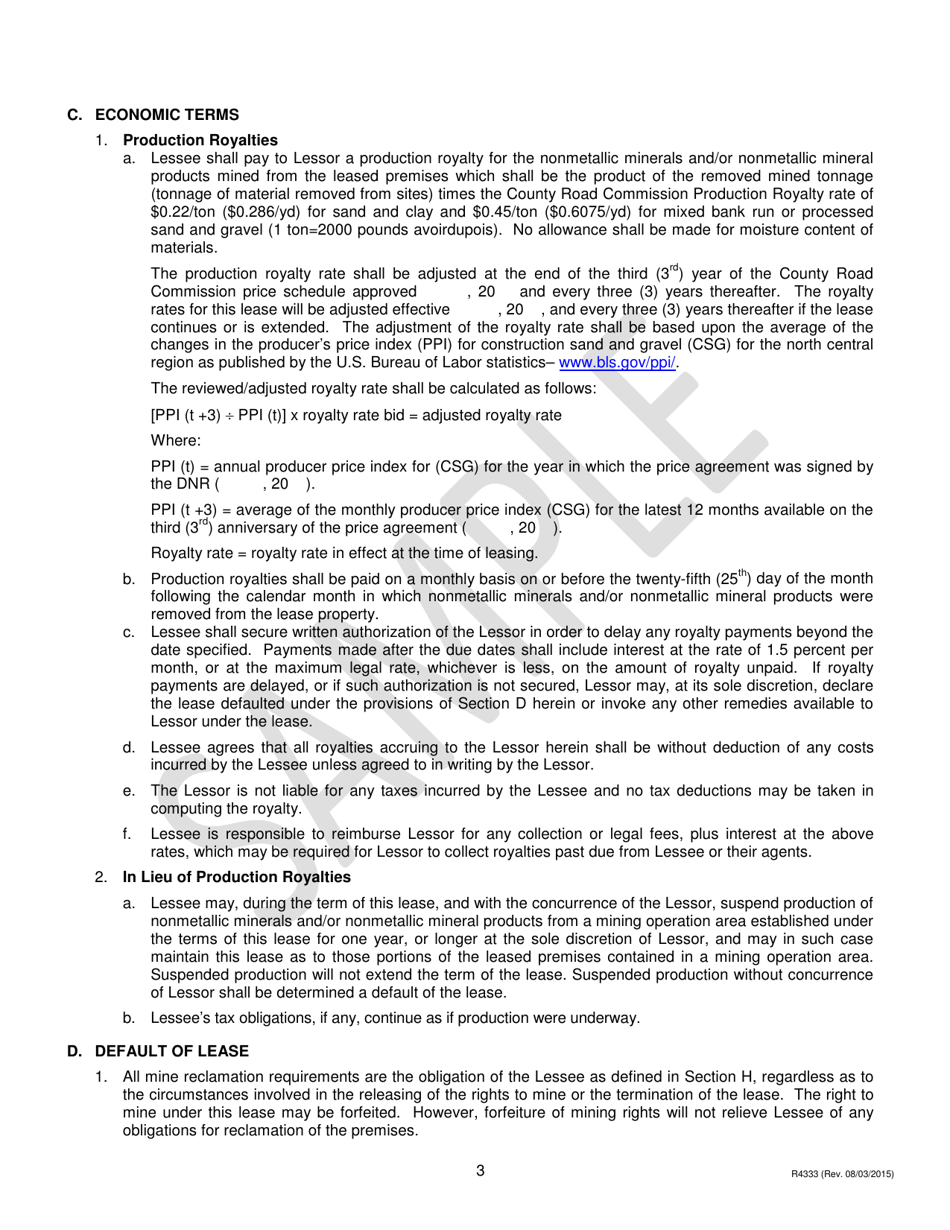 Form PR4333 Nonmetallic Minerals Lease to County Road Commissions for Construction Sand, Gravel, Cobbles, Boulders and Clay - Michigan, Page 3