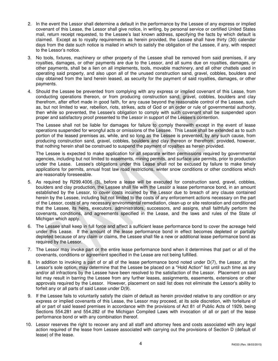 Form PR4333 Nonmetallic Minerals Lease to County Road Commissions for Construction Sand, Gravel, Cobbles, Boulders and Clay - Michigan, Page 4