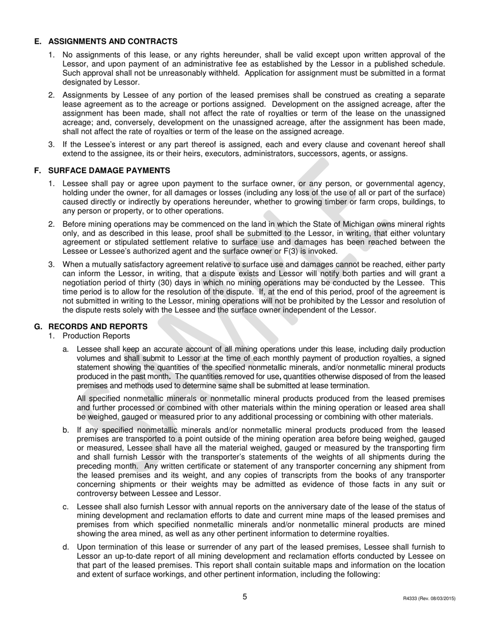 Form PR4333 Nonmetallic Minerals Lease to County Road Commissions for Construction Sand, Gravel, Cobbles, Boulders and Clay - Michigan, Page 5