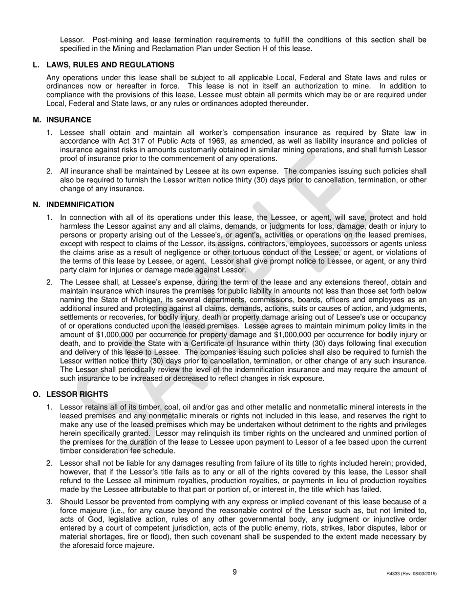 Form PR4333 Nonmetallic Minerals Lease to County Road Commissions for Construction Sand, Gravel, Cobbles, Boulders and Clay - Michigan, Page 9