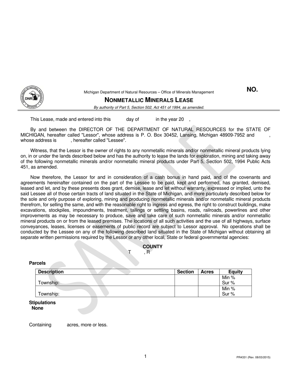 Form PR4331 Nonmetallic Minerals Lease - Michigan, Page 1