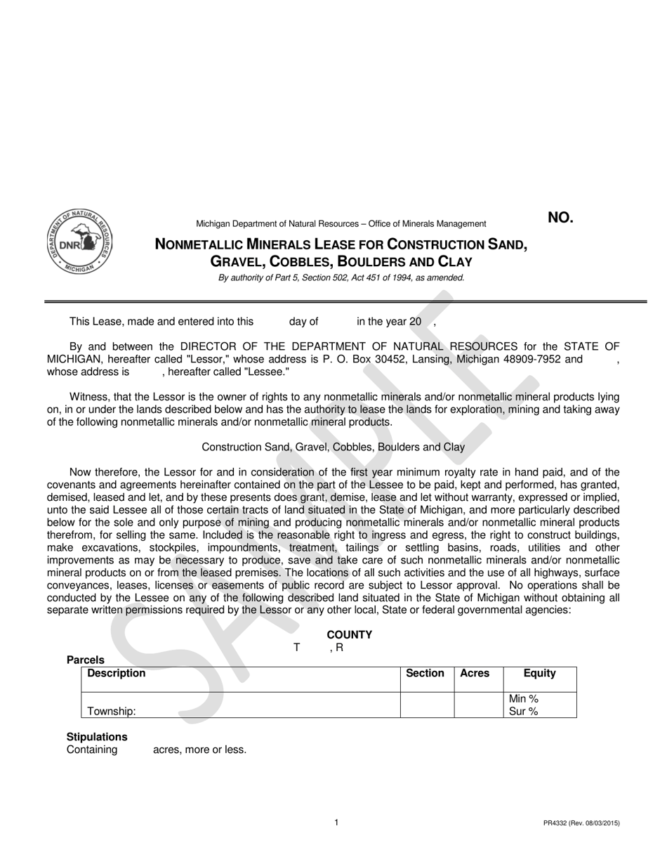 Form PR4332 Nonmetallic Minerals Lease for Construction Sand, Gravel, Cobbles, Boulders and Clay - Michigan, Page 1