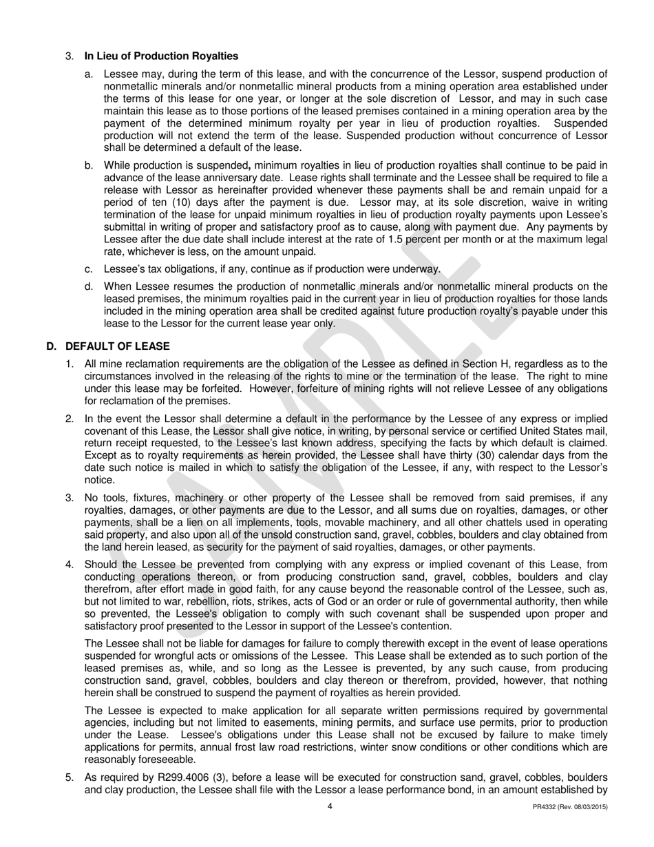 Form PR4332 Nonmetallic Minerals Lease for Construction Sand, Gravel, Cobbles, Boulders and Clay - Michigan, Page 4
