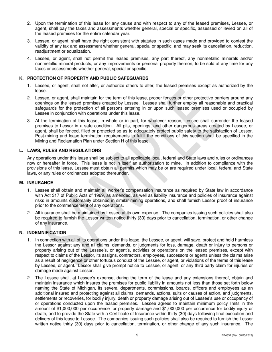 Form PR4332 Nonmetallic Minerals Lease for Construction Sand, Gravel, Cobbles, Boulders and Clay - Michigan, Page 9