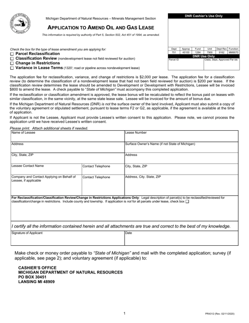 Form PR4312 Application to Amend Oil and Gas Lease - Michigan