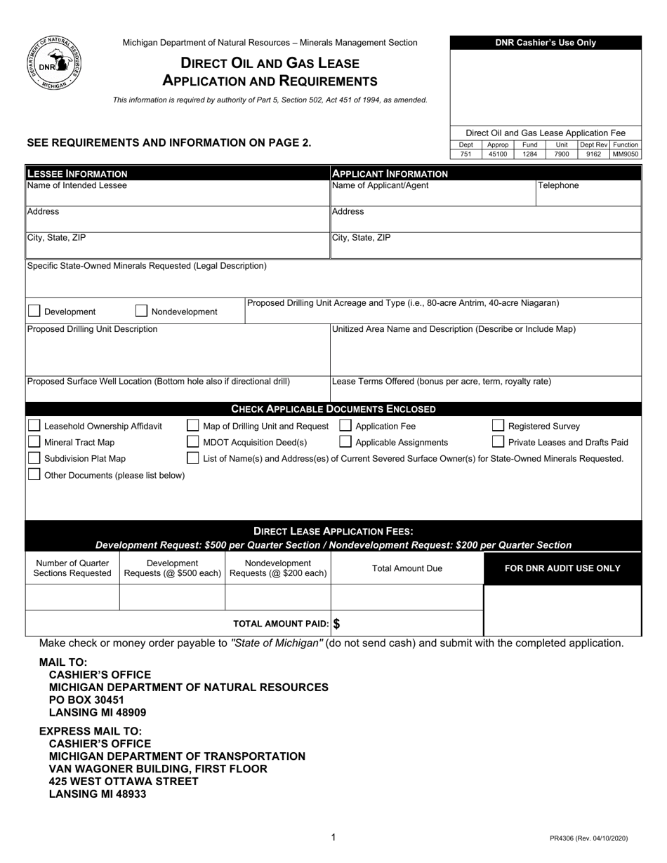 Form PR4306 Direct Oil and Gas Lease Application and Requirements - Michigan, Page 1