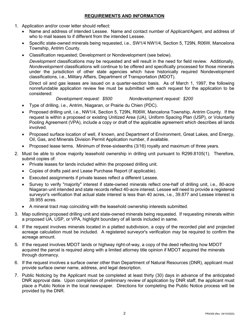 Form PR4306 Direct Oil and Gas Lease Application and Requirements - Michigan, Page 2