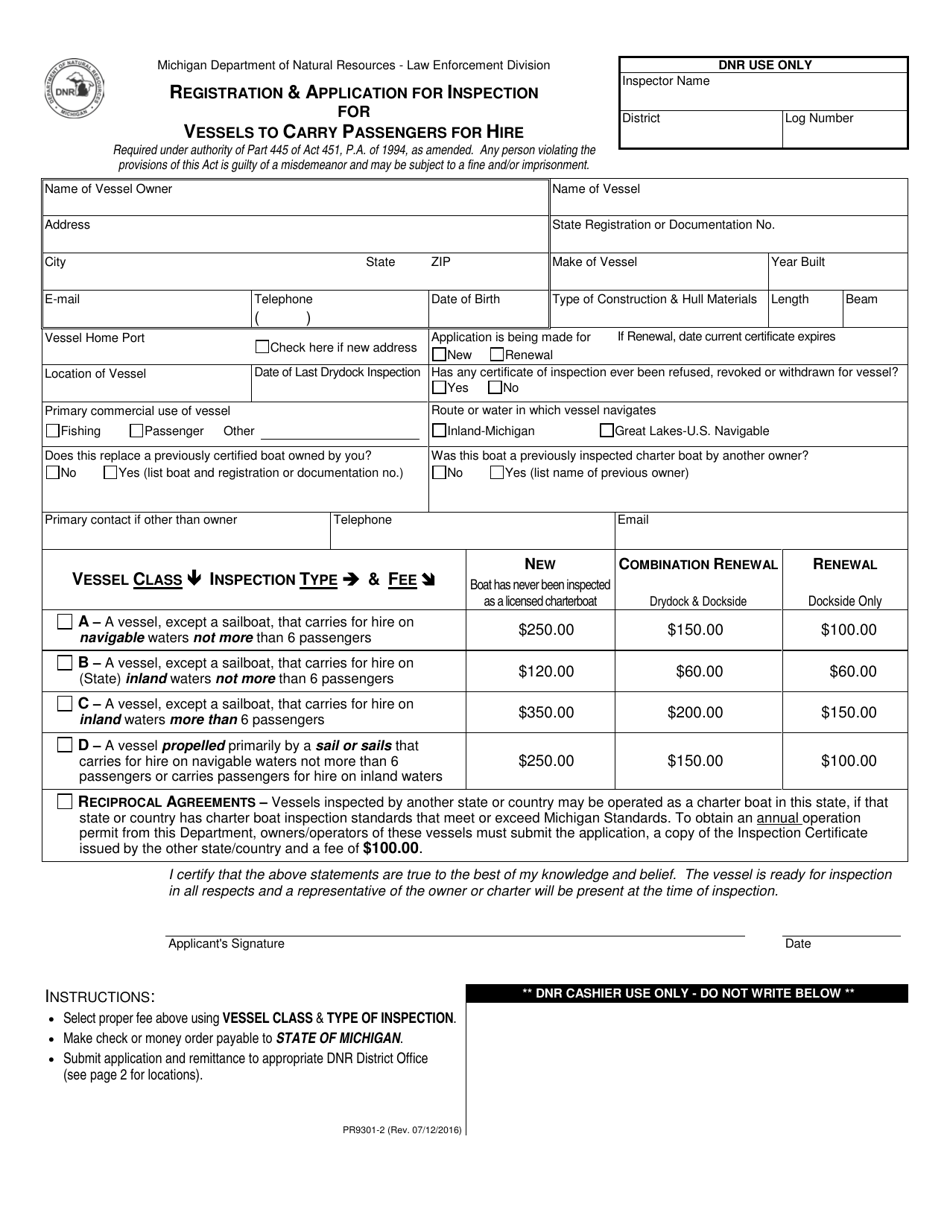 Form PR9301-2 Registration  Application for Inspection for Vessels to Carry Passengers for Hire - Michigan, Page 1