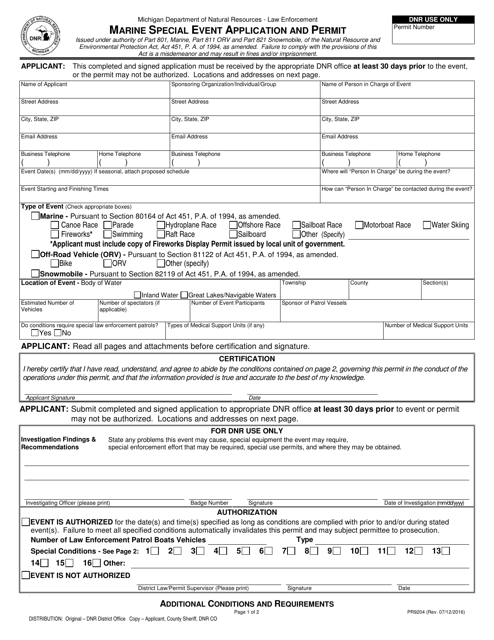 Form PR9204 Marine Special Event Application and Permit - Michigan