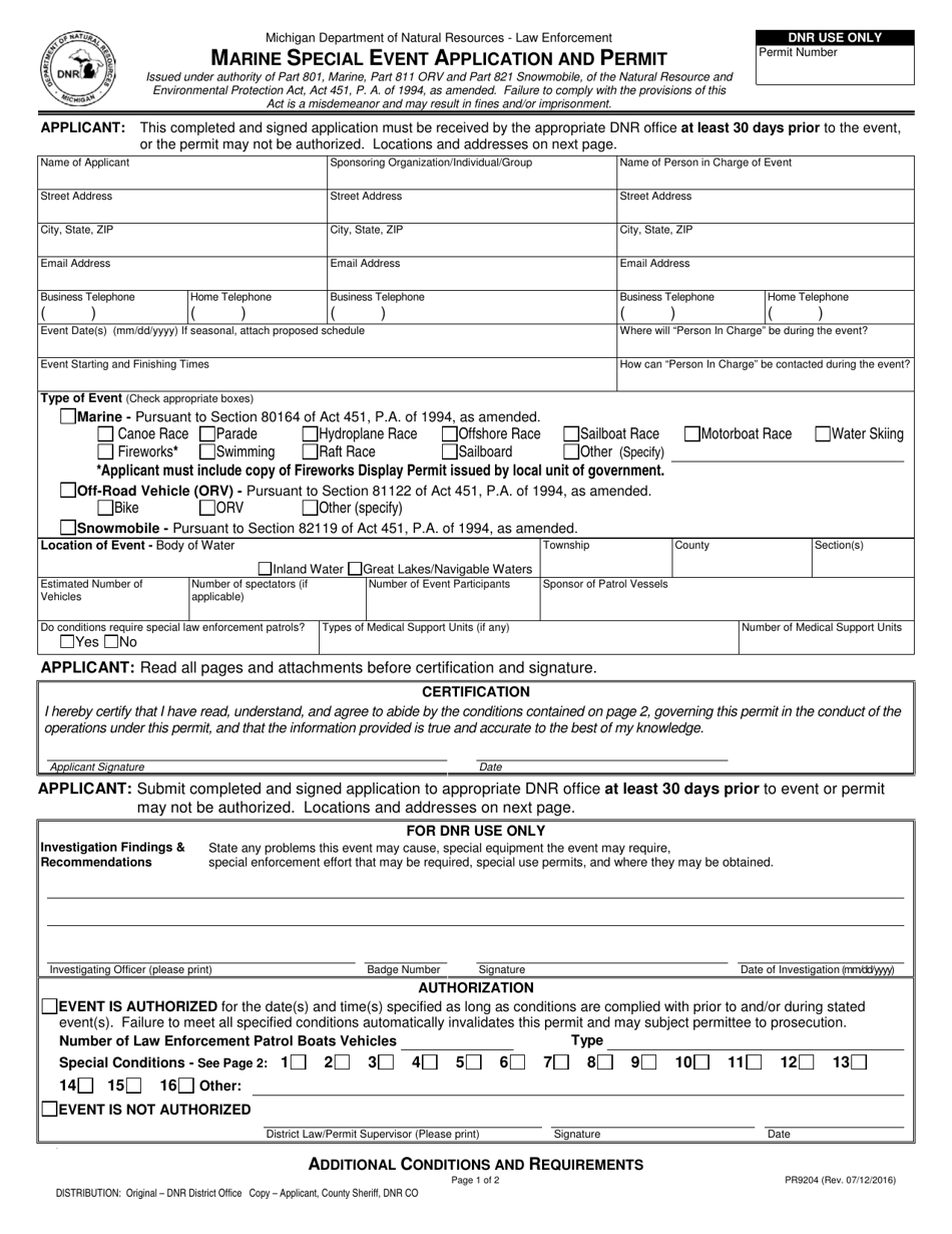 Form PR9204 Marine Special Event Application and Permit - Michigan, Page 1