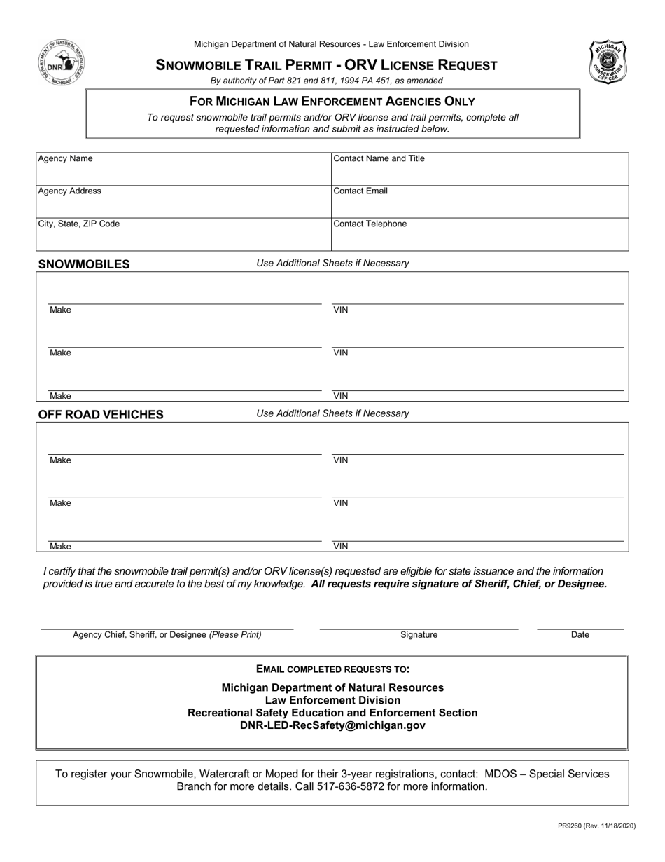 Form PR9260 Snowmobile Trail Permit - Orv License Request - Michigan, Page 1