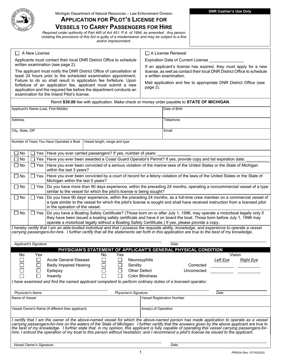 Form PR9304 Application for Pilots License for Vessels to Carry Passengers for Hire - Michigan, Page 1