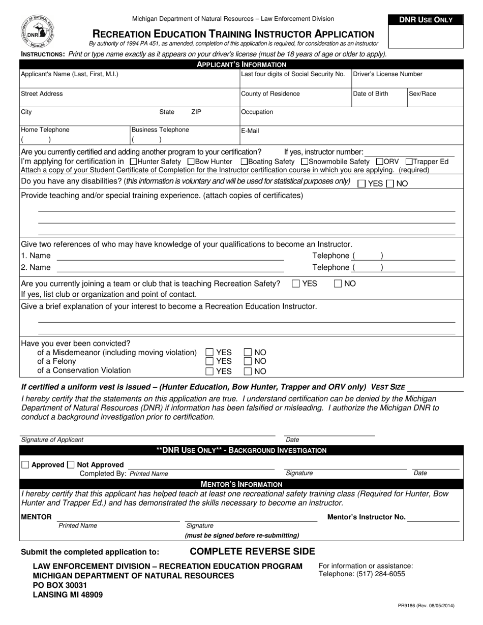 Form PR9186 Recreation Education Training Instructor Application - Michigan, Page 1
