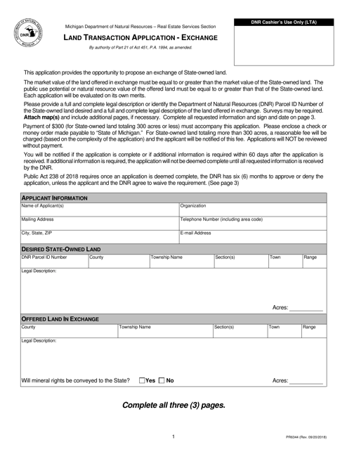 Form PR6344 Land Transaction Application - Exchange - Michigan