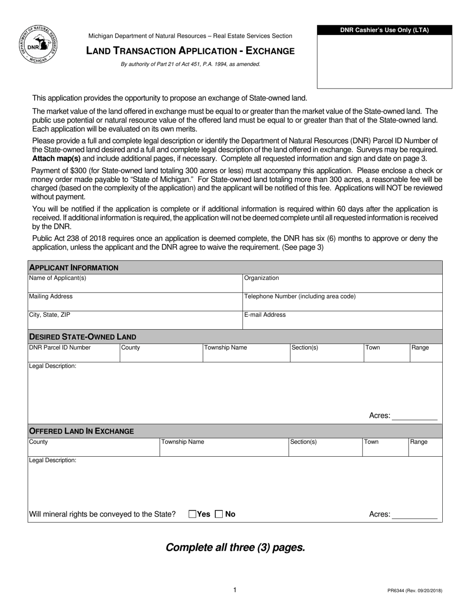 Form PR6344 Land Transaction Application - Exchange - Michigan, Page 1