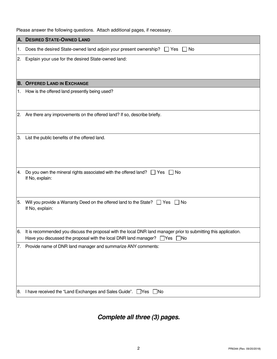 Form PR6344 Land Transaction Application - Exchange - Michigan, Page 2