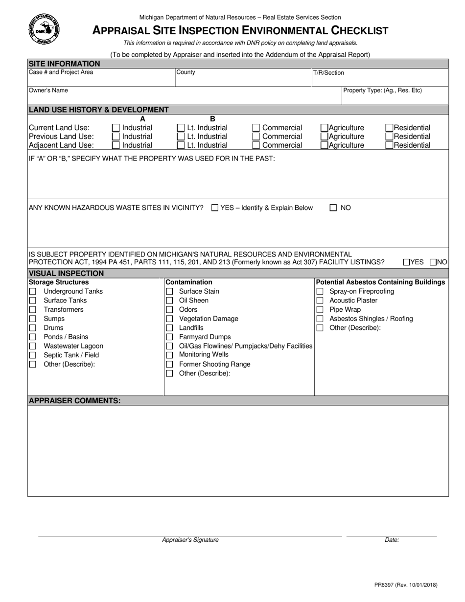 Form PR6397 Appraisal Site Inspection Environmental Checklist - Michigan, Page 1