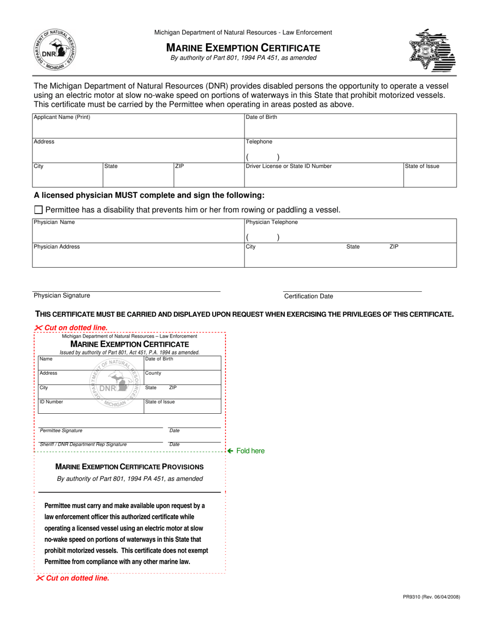 Form PR9310 Download Printable PDF or Fill Online Marine Exemption