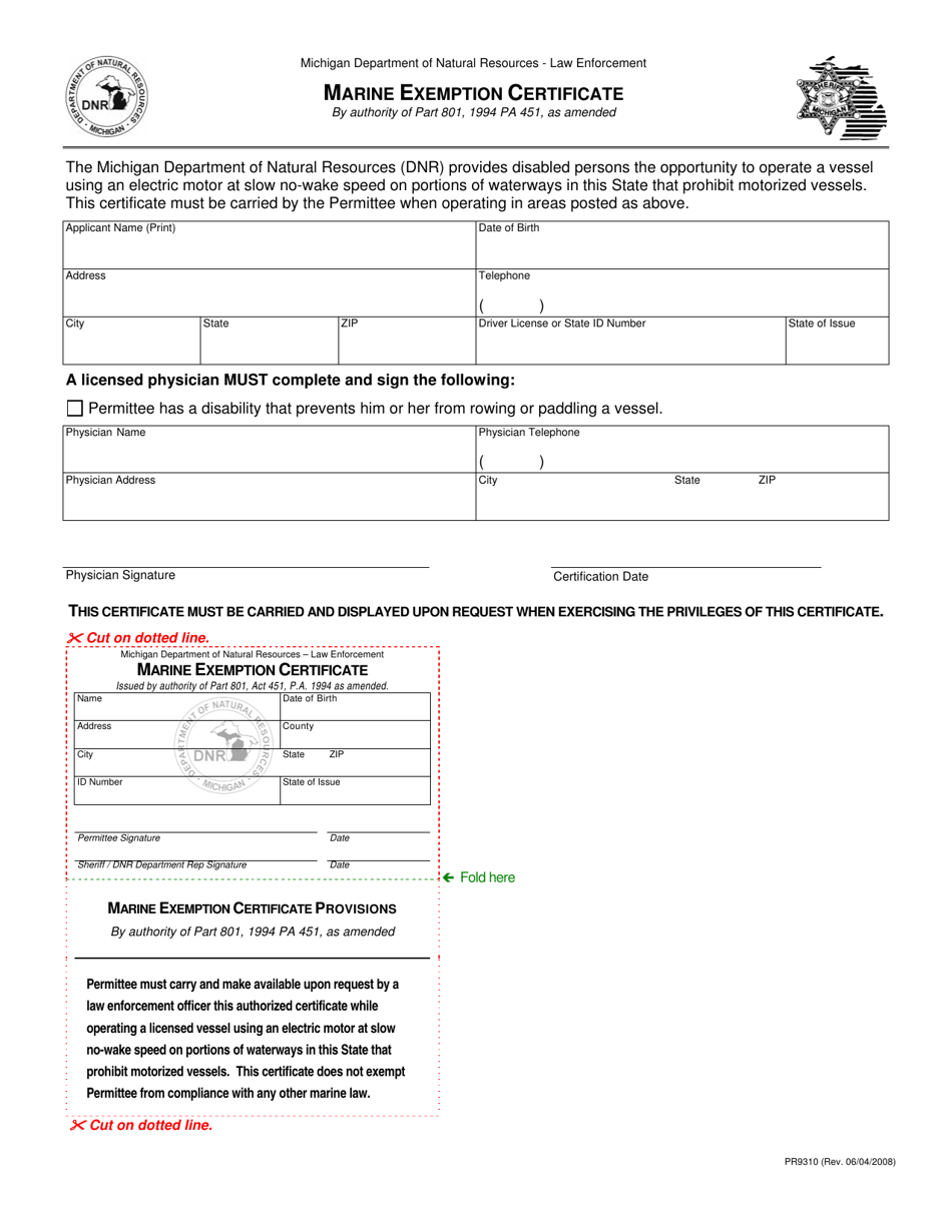 Form PR9310 Marine Exemption Certificate - Michigan, Page 1