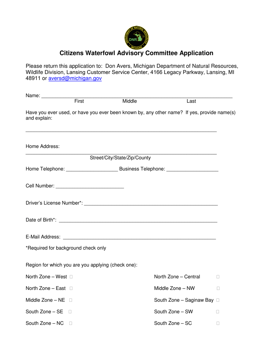 Citizens Waterfowl Advisory Committee Application - Michigan, Page 1