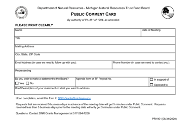Form PR1901 &quot;Public Comment Card&quot; - Michigan