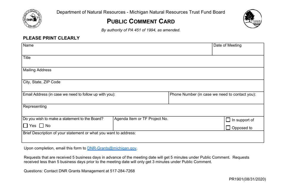 Form PR1901 Public Comment Card - Michigan
