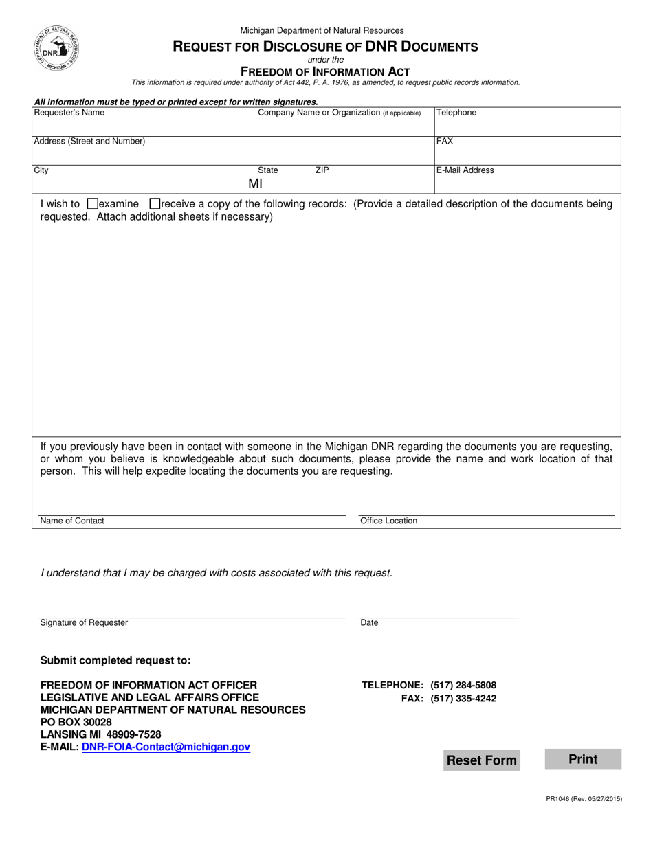 Form PR1046 Request for Disclosure of DNR Documents - Michigan, Page 1
