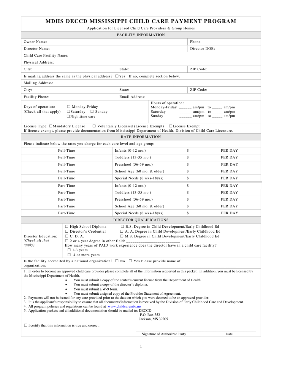 Application for Licensed Child Care Providers  Group Homes - Mississippi, Page 1