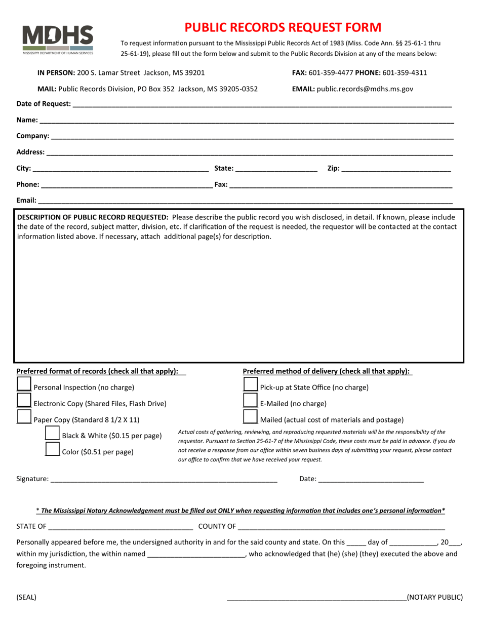 Public Records Request Form - Mississippi, Page 1