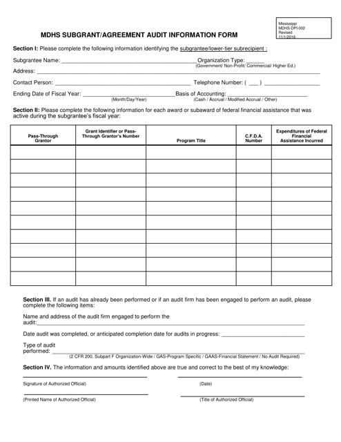 Form MDHS-DPI-002 Mdhs Subgrant/Agreement Audit Information Form - Mississippi