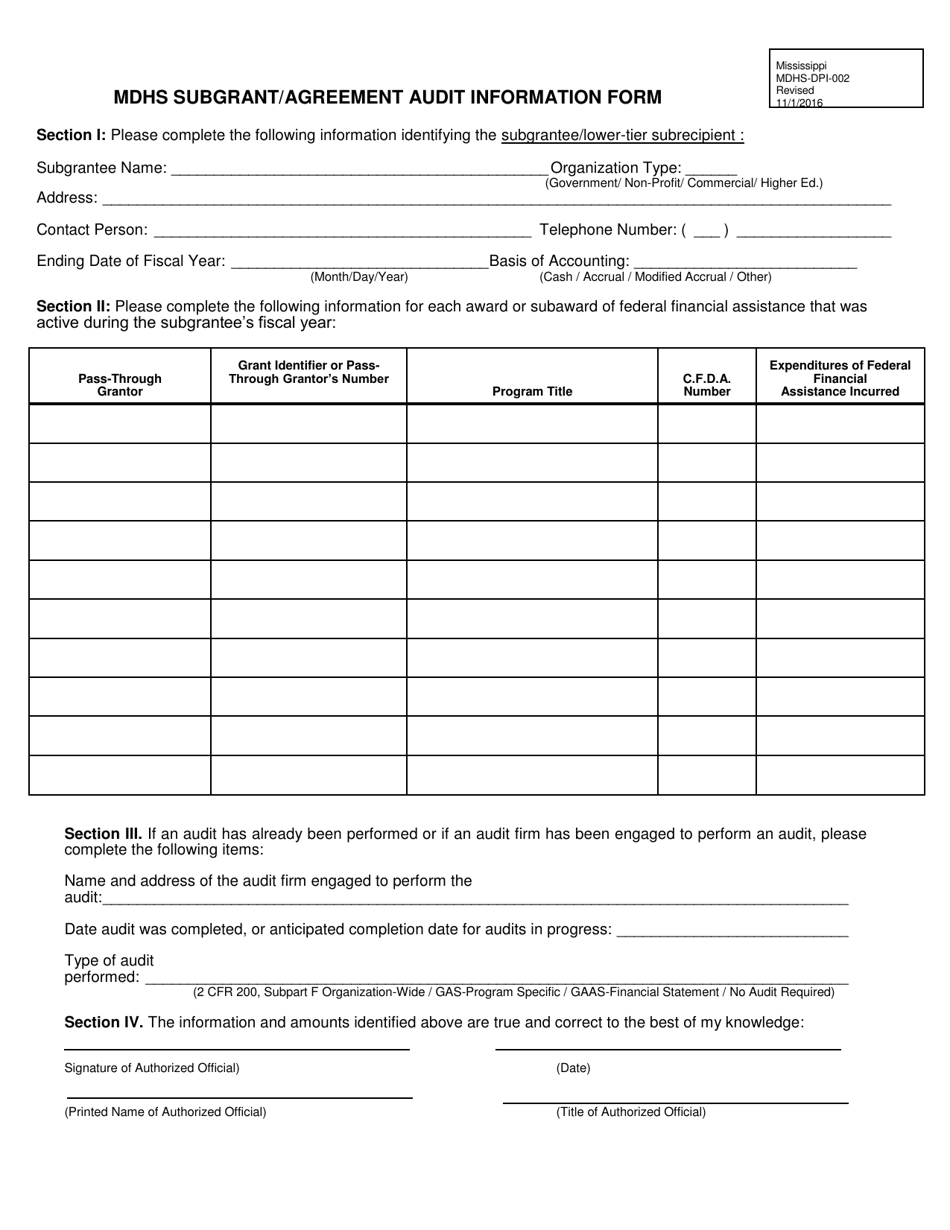 Form MDHS-DPI-002 Mdhs Subgrant / Agreement Audit Information Form - Mississippi, Page 1