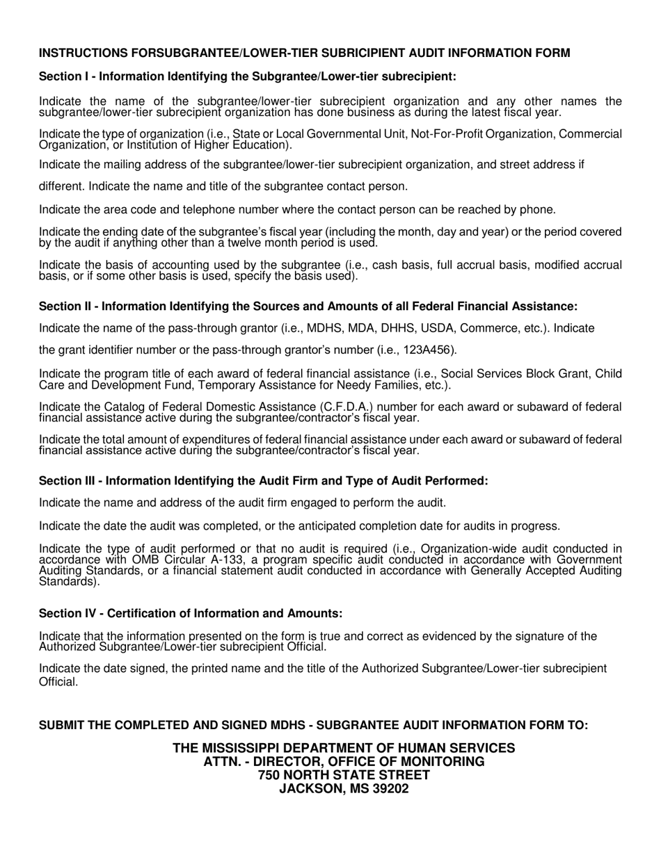 Form MDHS-DPI-002 Mdhs Subgrant / Agreement Audit Information Form - Mississippi, Page 2