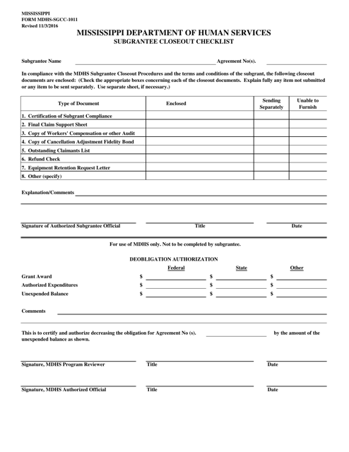 Form MDHS-SGCC-1011 Subgrantee Closeout Checklist - Mississippi