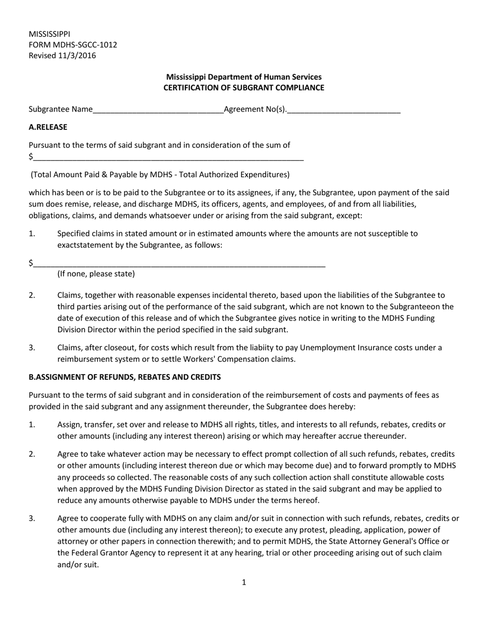 Form MDHS-SGCC-1012 Certification of Subgrant Compliance - Mississippi, Page 1
