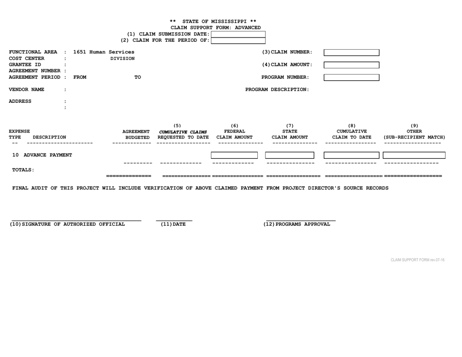 Claim Support Form: Advanced - Mississippi, Page 1