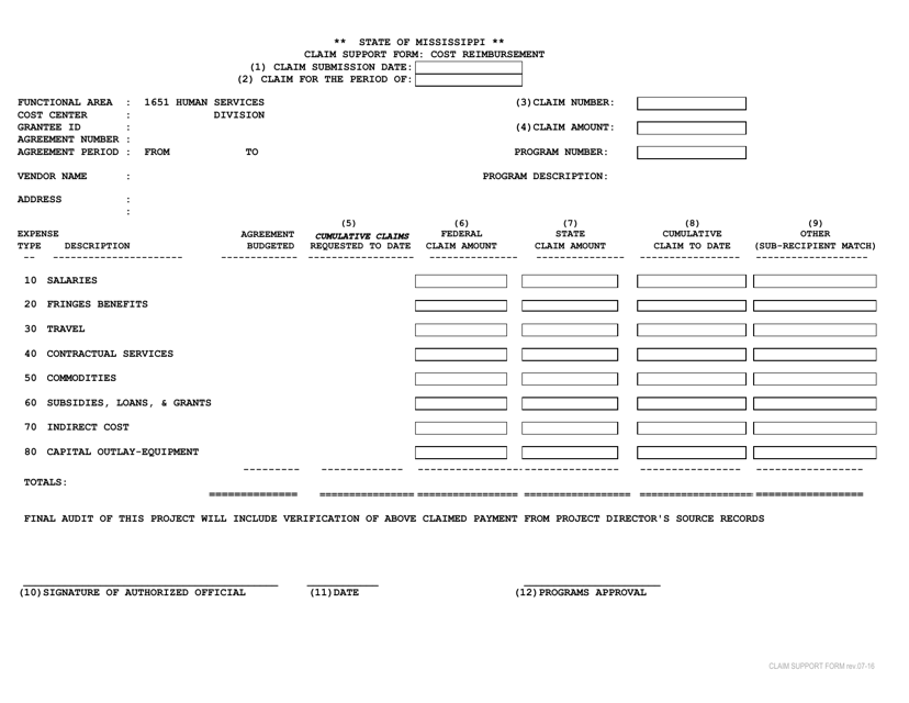Claim Support Form: Cost Reimbursement - Mississippi