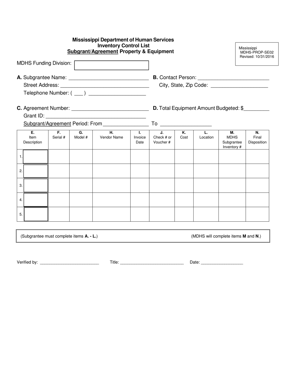 Form MDHS-PROP-SE02 Inventory Control List - Subgrant / Agreement Property  Equipment - Mississippi, Page 1