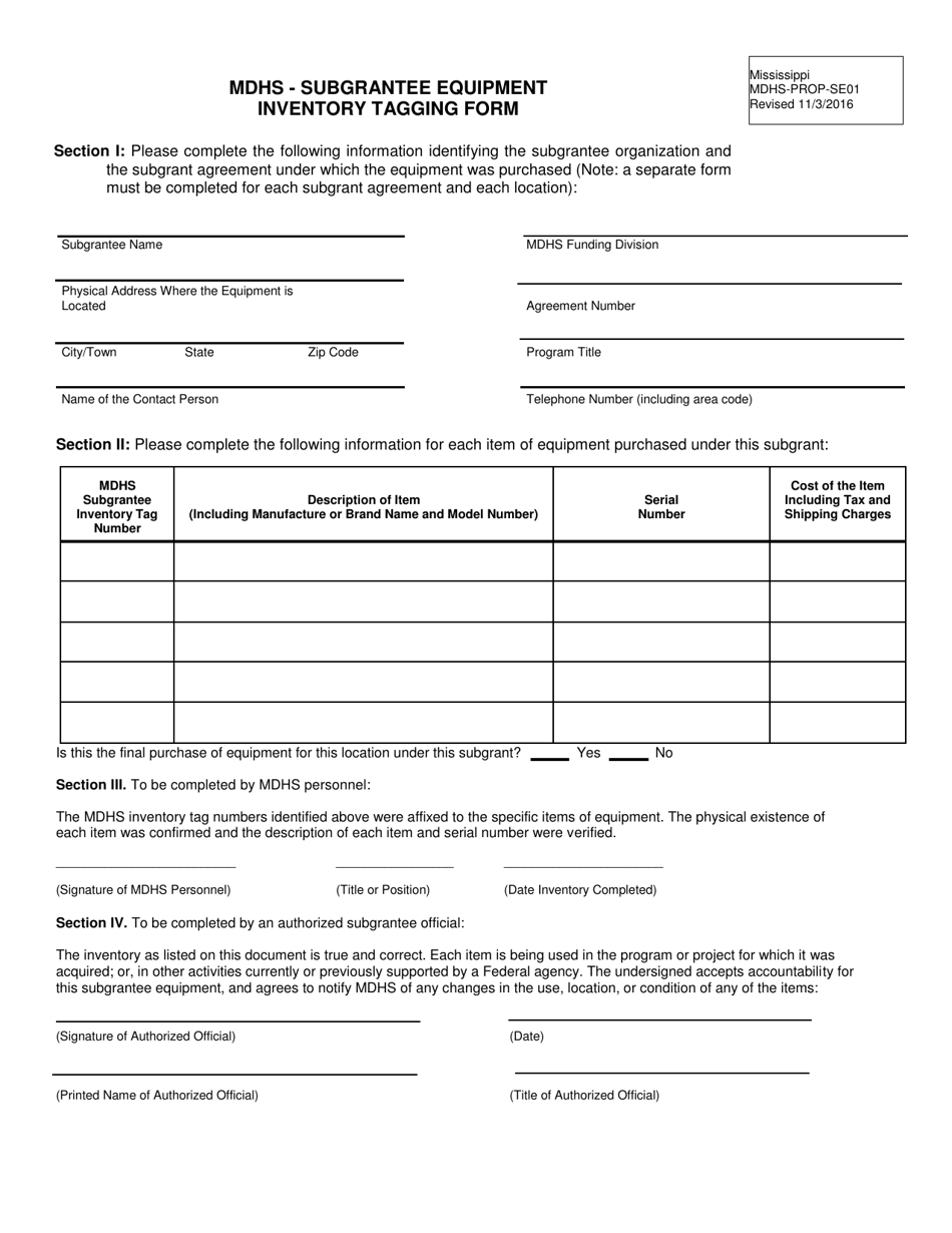 Form MDHS-PROP-SE01 Subgrantee Equipment Inventory Tagging Form - Mississippi, Page 1