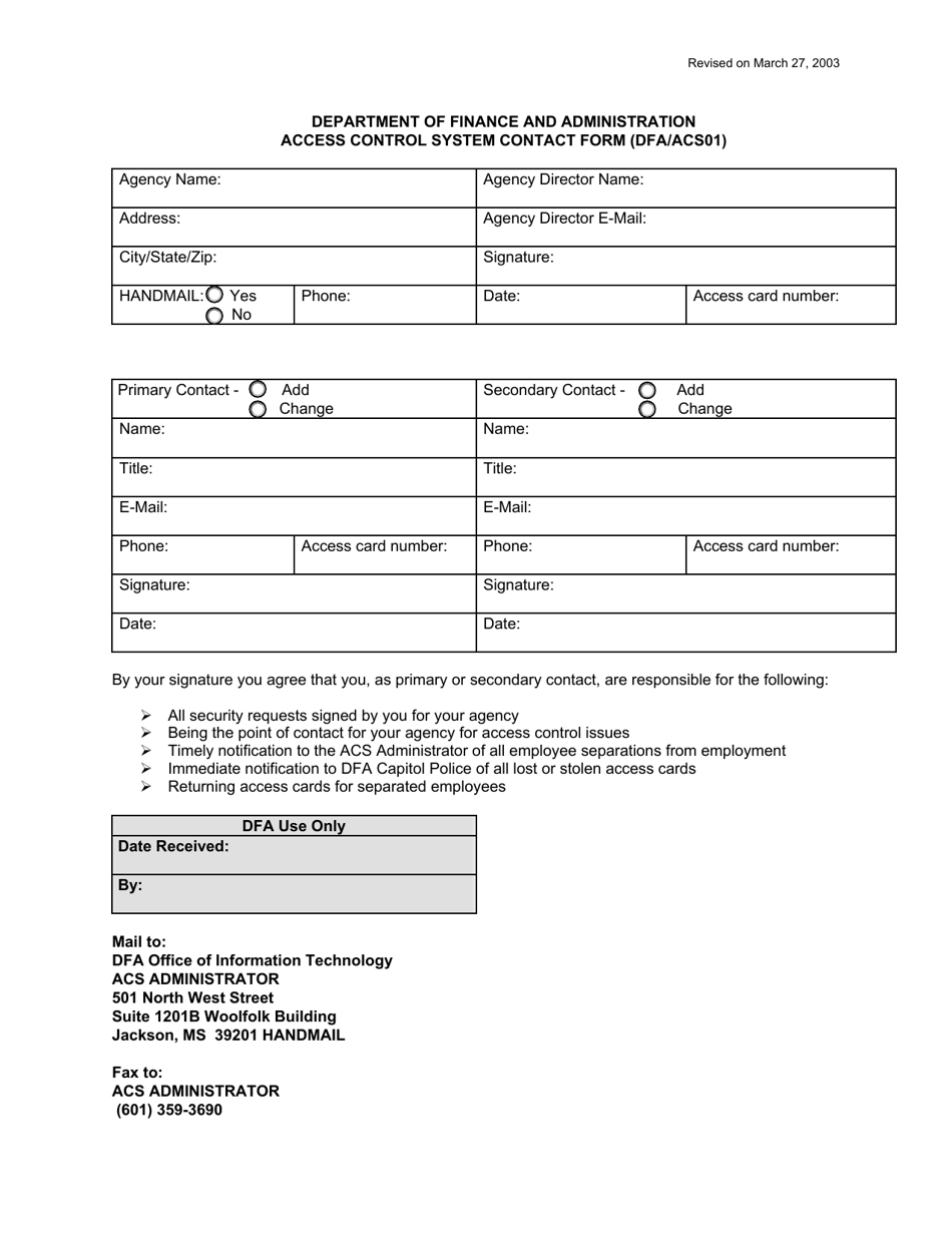 Form DFA / ACS01 Access Control System Contact Form - Mississippi, Page 1