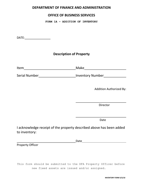 Form 1A Addition of Inventory - Mississippi