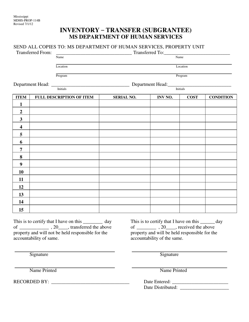 Form MDHS-PROP-114B Inventory - Transfer (Subgrantee) - Mississippi, Page 1