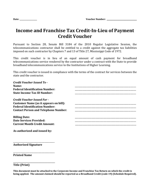 Income and Franchise Tax Credit-In-lieu of Payment Credit Voucher - Mississippi Download Pdf