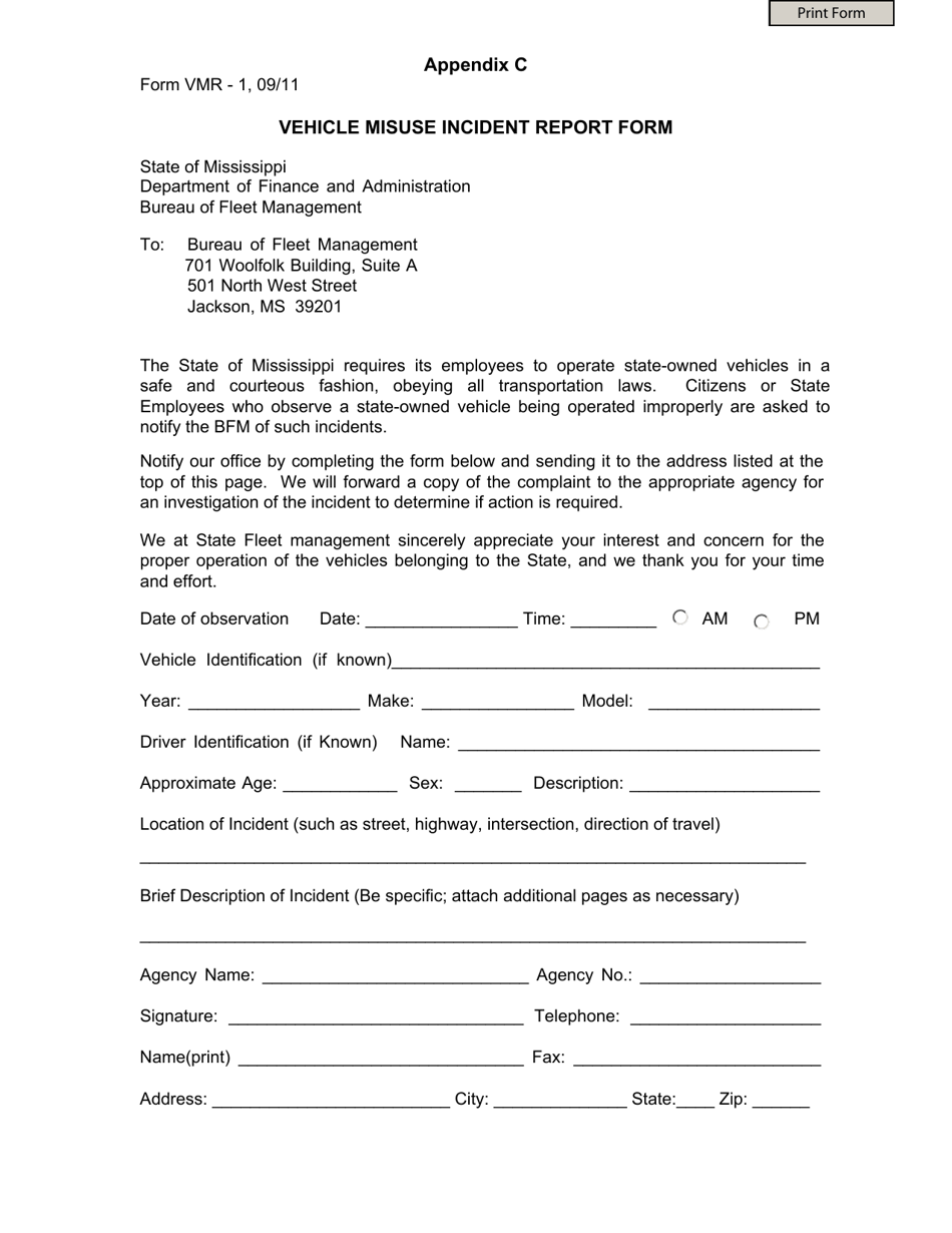 Form VMR-1 Appendix C Vehicle Misuse Incident Report Form - Mississippi, Page 1