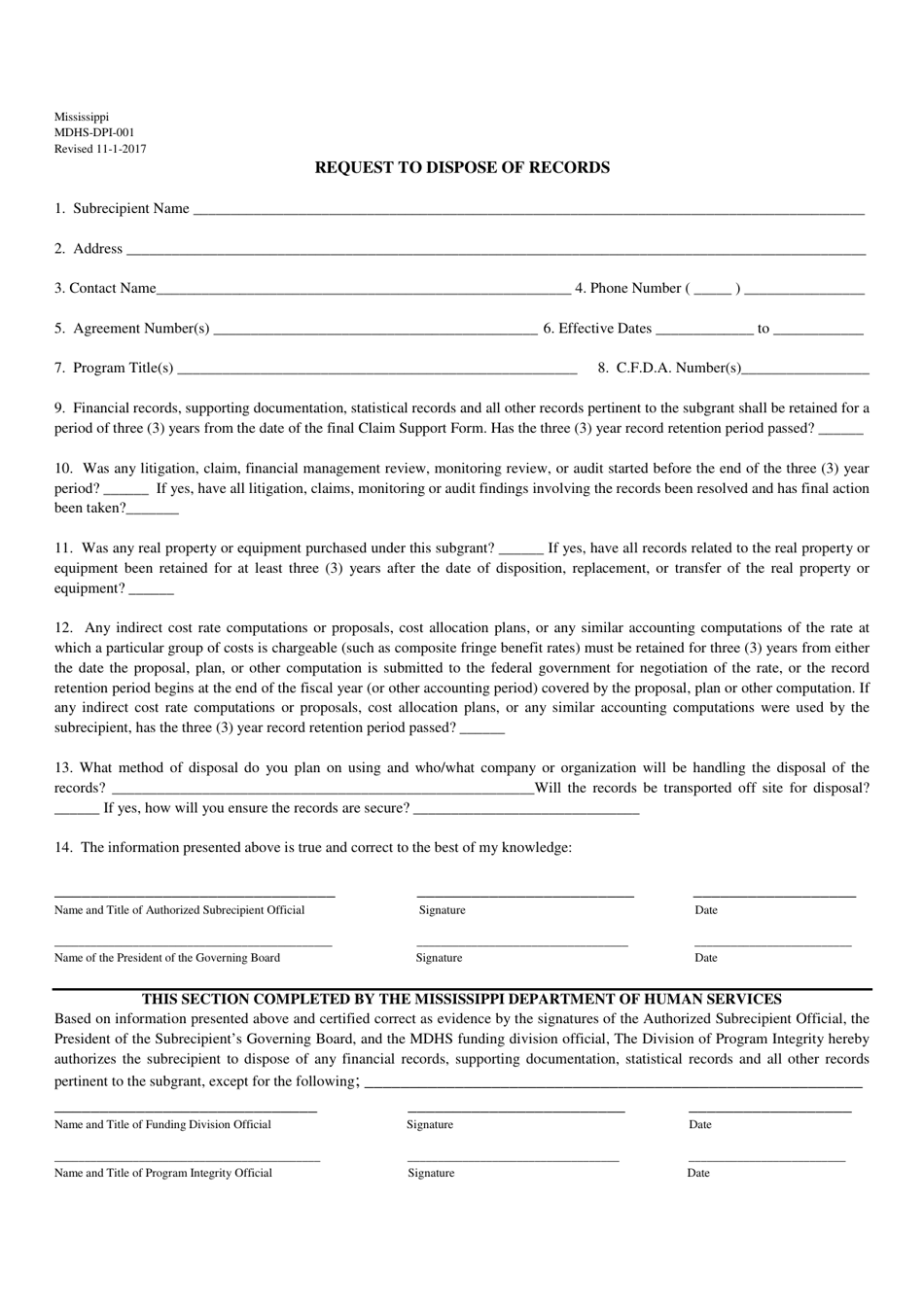 Form MDHS-DPI-001 Request to Dispose of Records - Mississippi, Page 1