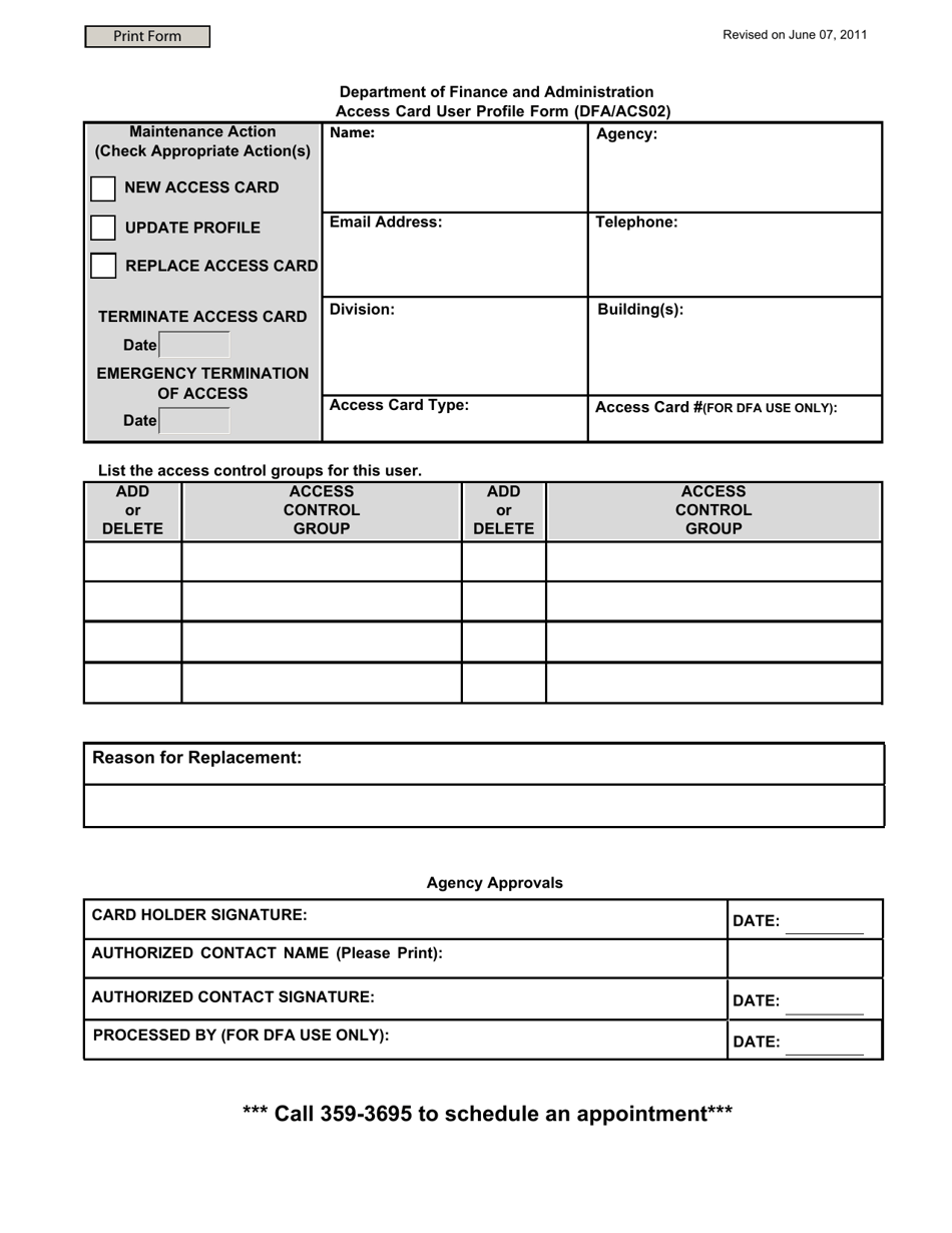 Form DFA / ACS02 Access Card User Profile Form - Mississippi, Page 1