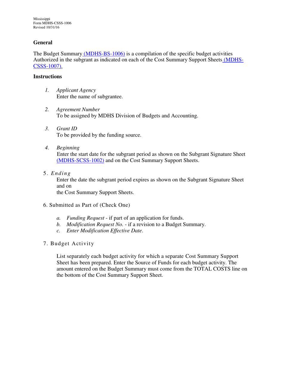 Form MDHS-CSSS-1006 Budget Summary - Mississippi, Page 1
