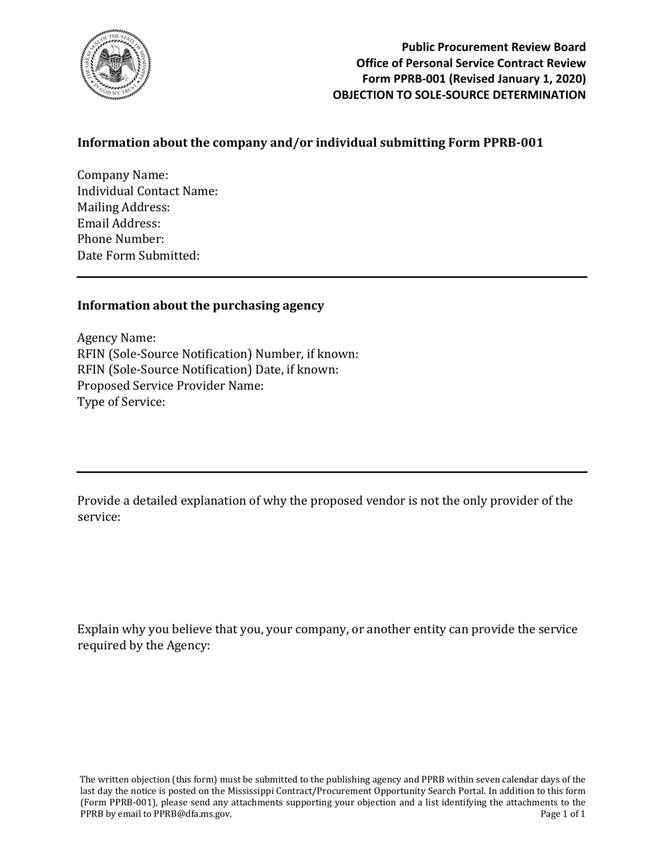 Form PPRB-001 Objection to Sole-Source Determination - Mississippi, Page 1