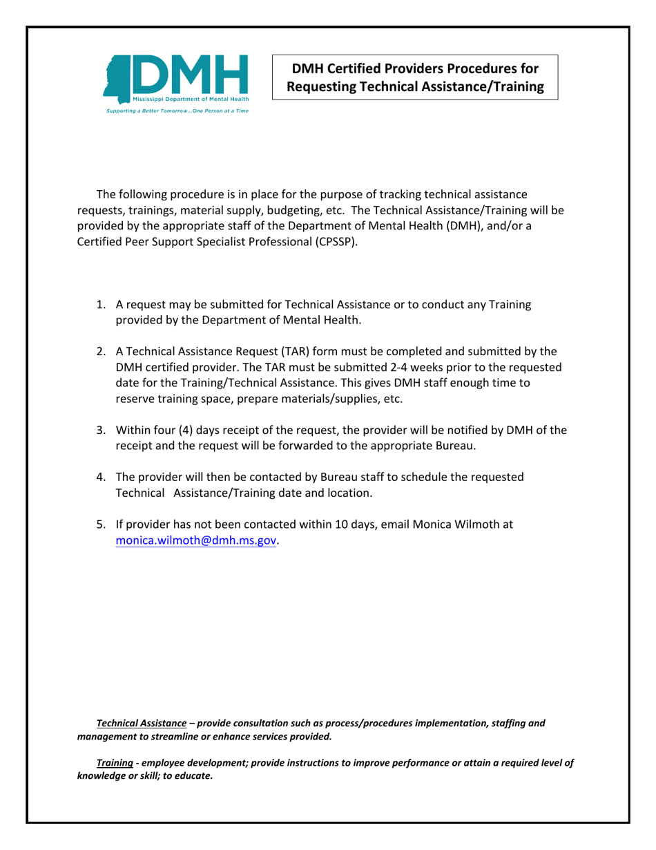 Dmh Certified Providers Procedures for Requesting Technical Assistance / Training - Mississippi, Page 1