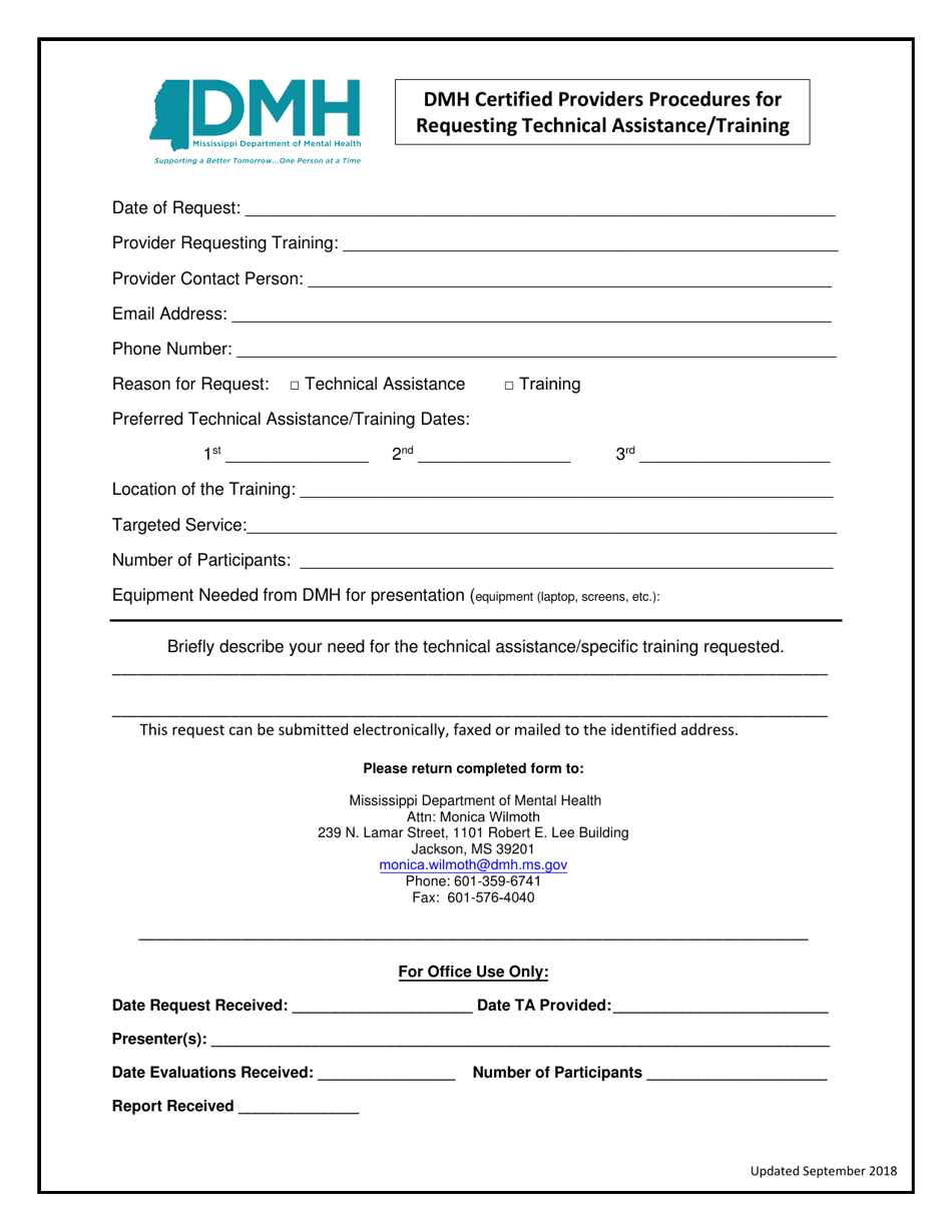 Dmh Certified Providers Procedures for Requesting Technical Assistance / Training - Mississippi, Page 2