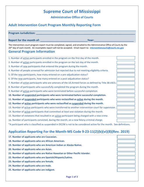 Adult Intervention Court Program Monthly Reporting Form - Mississippi Download Pdf